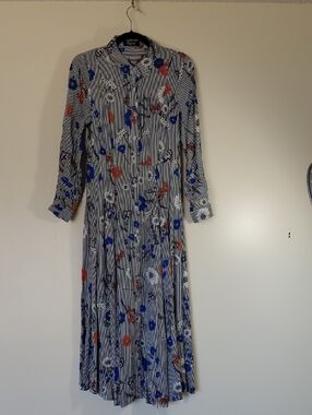 Papillion Striped Floral Button-Front Midi Dress - Blue, Red, White